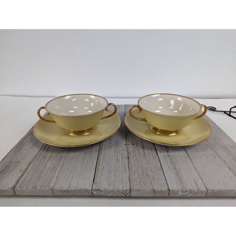 Flintridge Sylvan China Cream Soup Cup Bowl Saucers Set 2 California Yellow Gold